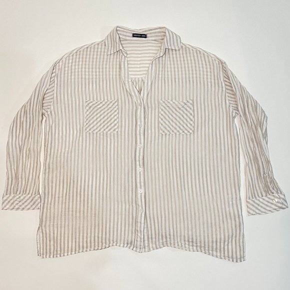 Robertson + Rodeo Oversized Striped Blouse Shirt Pockets White/Tan Women's Sz M - Picture 1 of 8